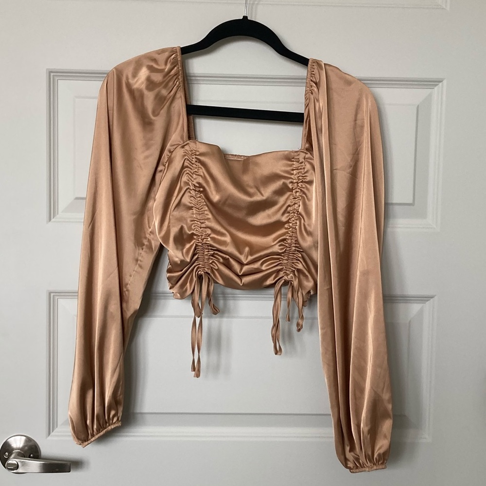 Drawstring Ruched Front Shirred Back Satin Top - Picture 6 of 9